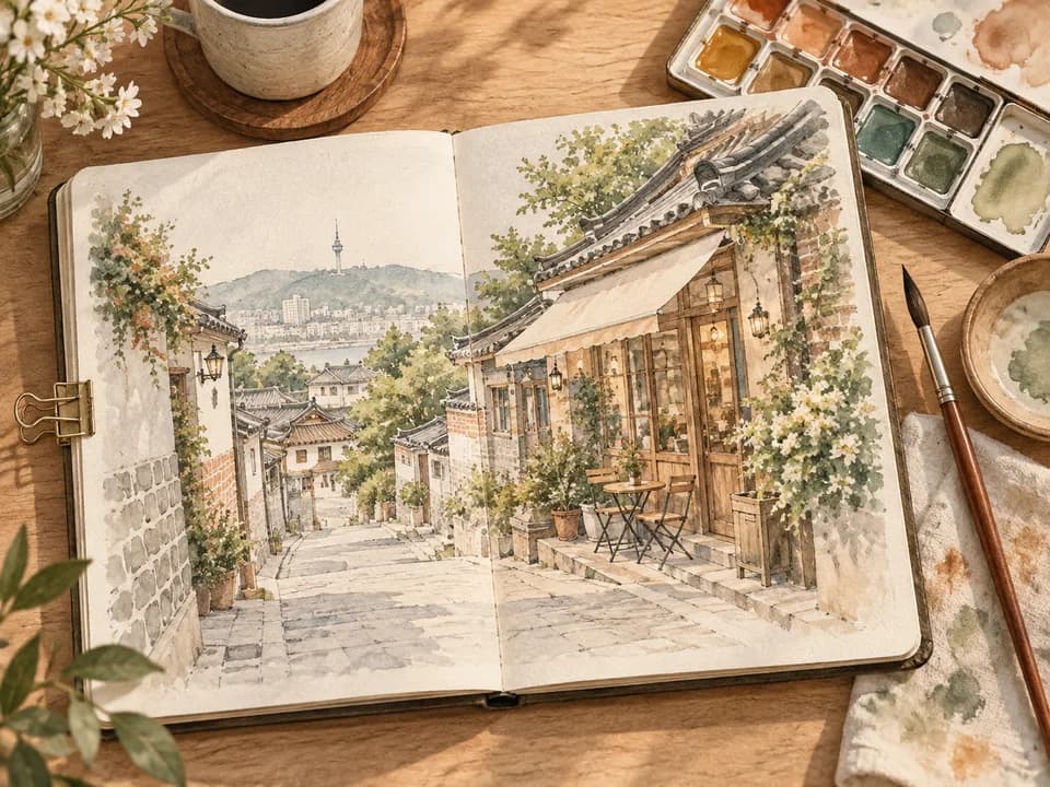 골목 풍경을 담은 수채화 스케치북 일러스트